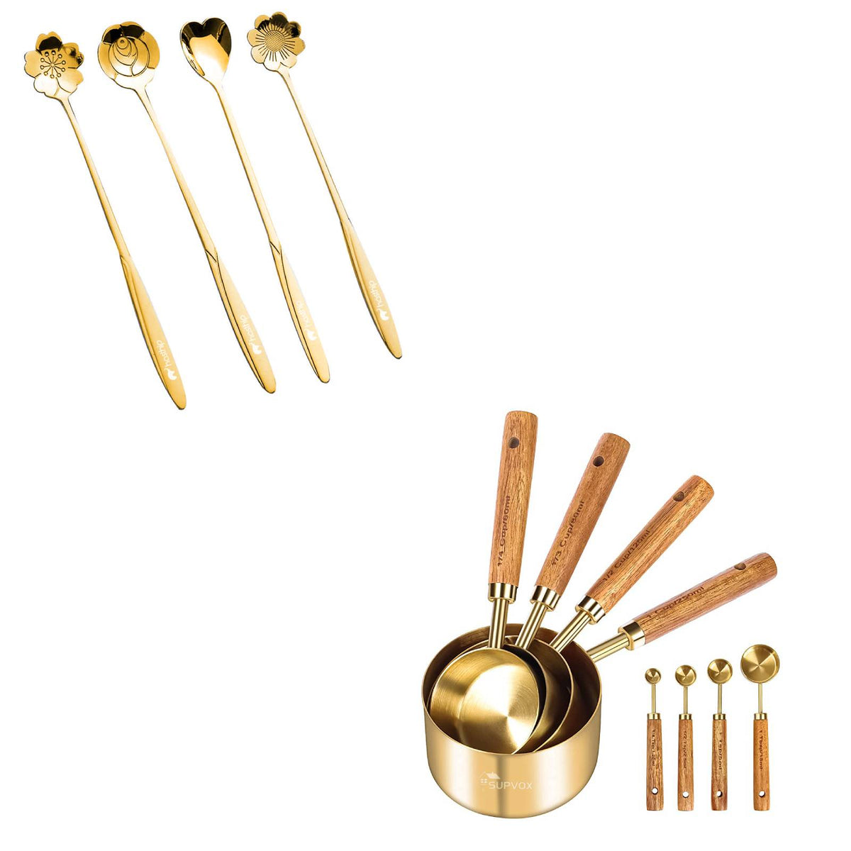 HASTHIP® Golden Flower Shape Coffee & Dessert Spoon Set with Supvox Stainless Steel Measuring Cups & Spoons, Baking Tools, 12 Pc Combo for Kitchen, DIY Crafts, Journaling & Planners
