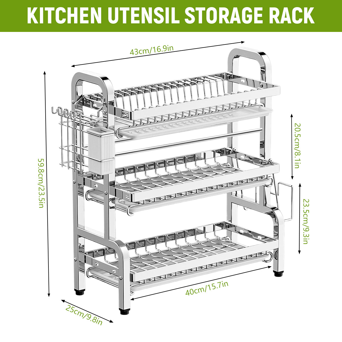 HASTHIP® Dish Drying 3-Layer Drain Rack 43x23.5x63cm-Metallic Silver