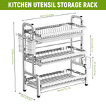 HASTHIP® Dish Drying 3-Layer Drain Rack 43x23.5x63cm-Metallic Silver