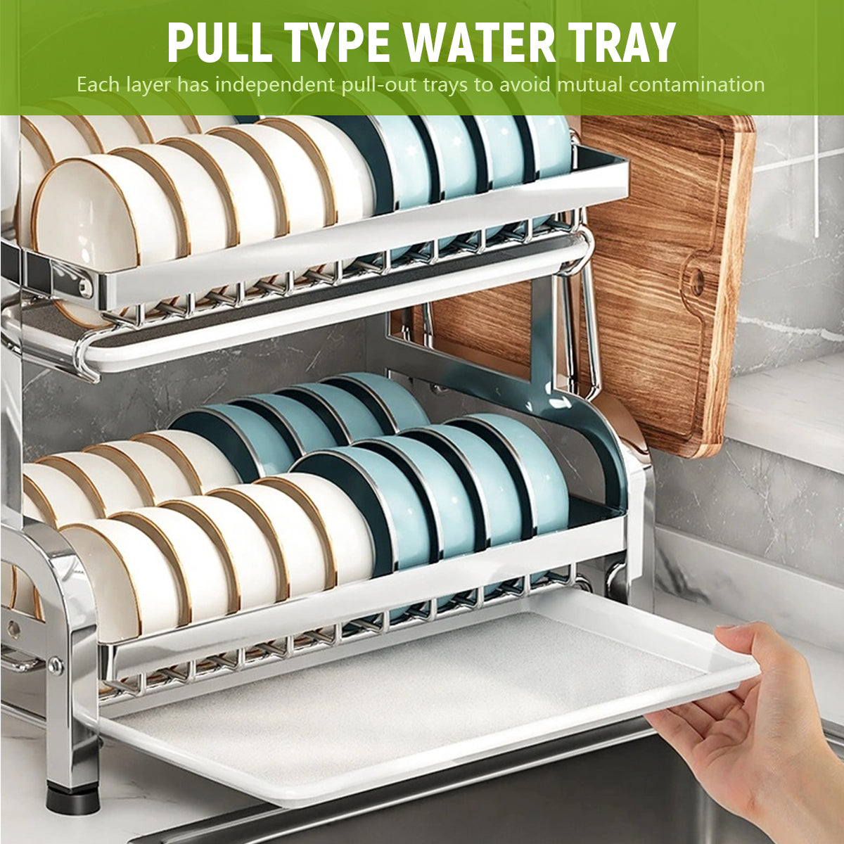 HASTHIP® Dish Drying 3-Layer Drain Rack 43x23.5x63cm-Metallic Silver