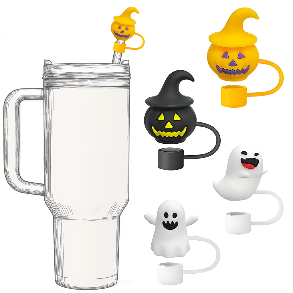 HASTHIP® 4Pcs Halloween-Themed Silicone Straw Caps Halloween Cute Pumpkin Ghost Design, 10mm Dia Straw Caps, Protective Dustproof Straw Tip Covers for Reuseable Straws