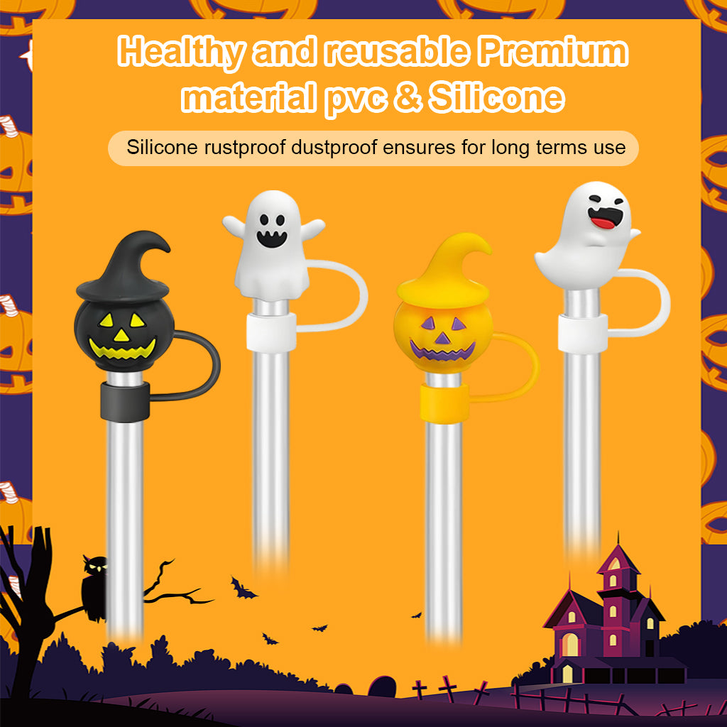 HASTHIP® 4Pcs Halloween-Themed Silicone Straw Caps Halloween Cute Pumpkin Ghost Design, 10mm Dia Straw Caps, Protective Dustproof Straw Tip Covers for Reuseable Straws