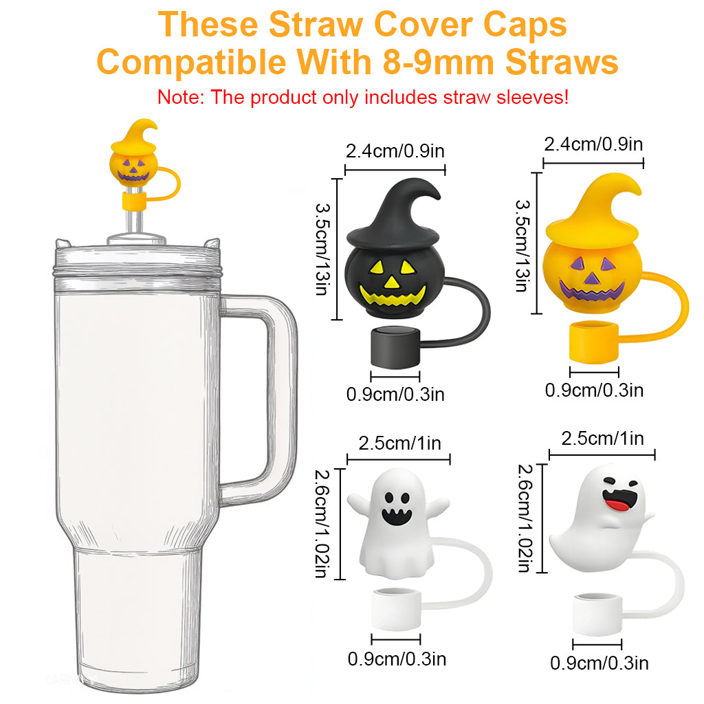 HASTHIP® 4Pcs Halloween-Themed Silicone Straw Caps Halloween Cute Pumpkin Ghost Design, 10mm Dia Straw Caps, Protective Dustproof Straw Tip Covers for Reuseable Straws