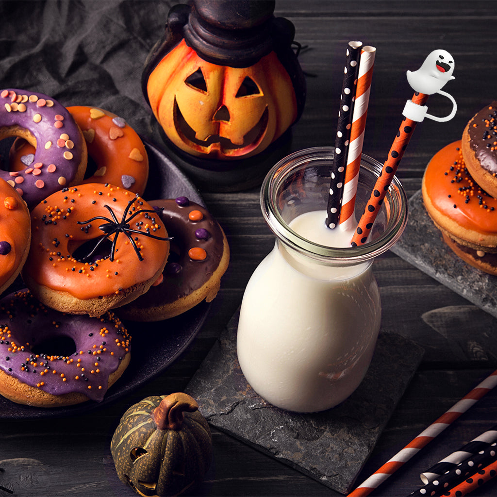 HASTHIP® 4Pcs Halloween-Themed Silicone Straw Caps Halloween Cute Pumpkin Ghost Design, 10mm Dia Straw Caps, Protective Dustproof Straw Tip Covers for Reuseable Straws
