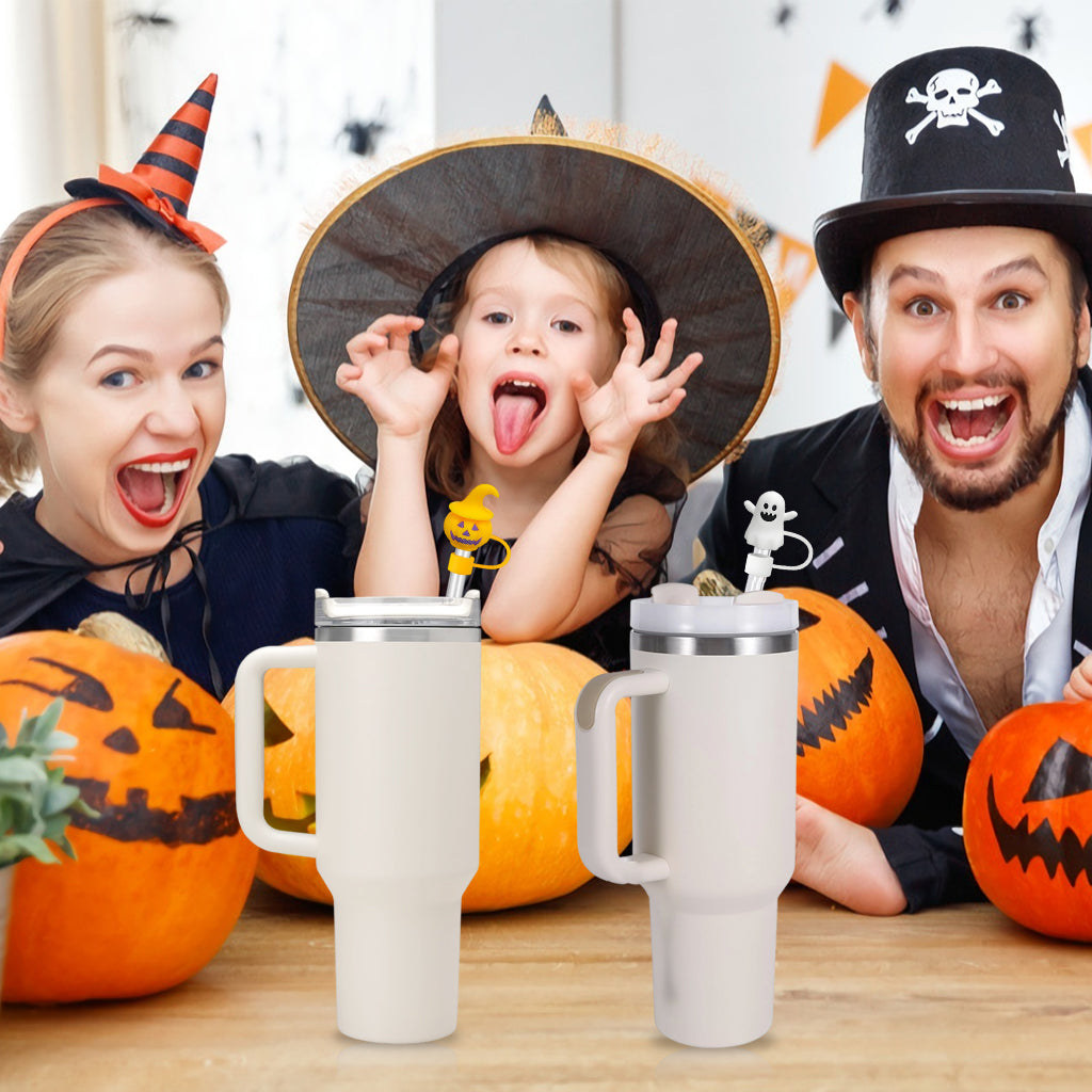 HASTHIP® 4Pcs Halloween-Themed Silicone Straw Caps Halloween Cute Pumpkin Ghost Design, 10mm Dia Straw Caps, Protective Dustproof Straw Tip Covers for Reuseable Straws