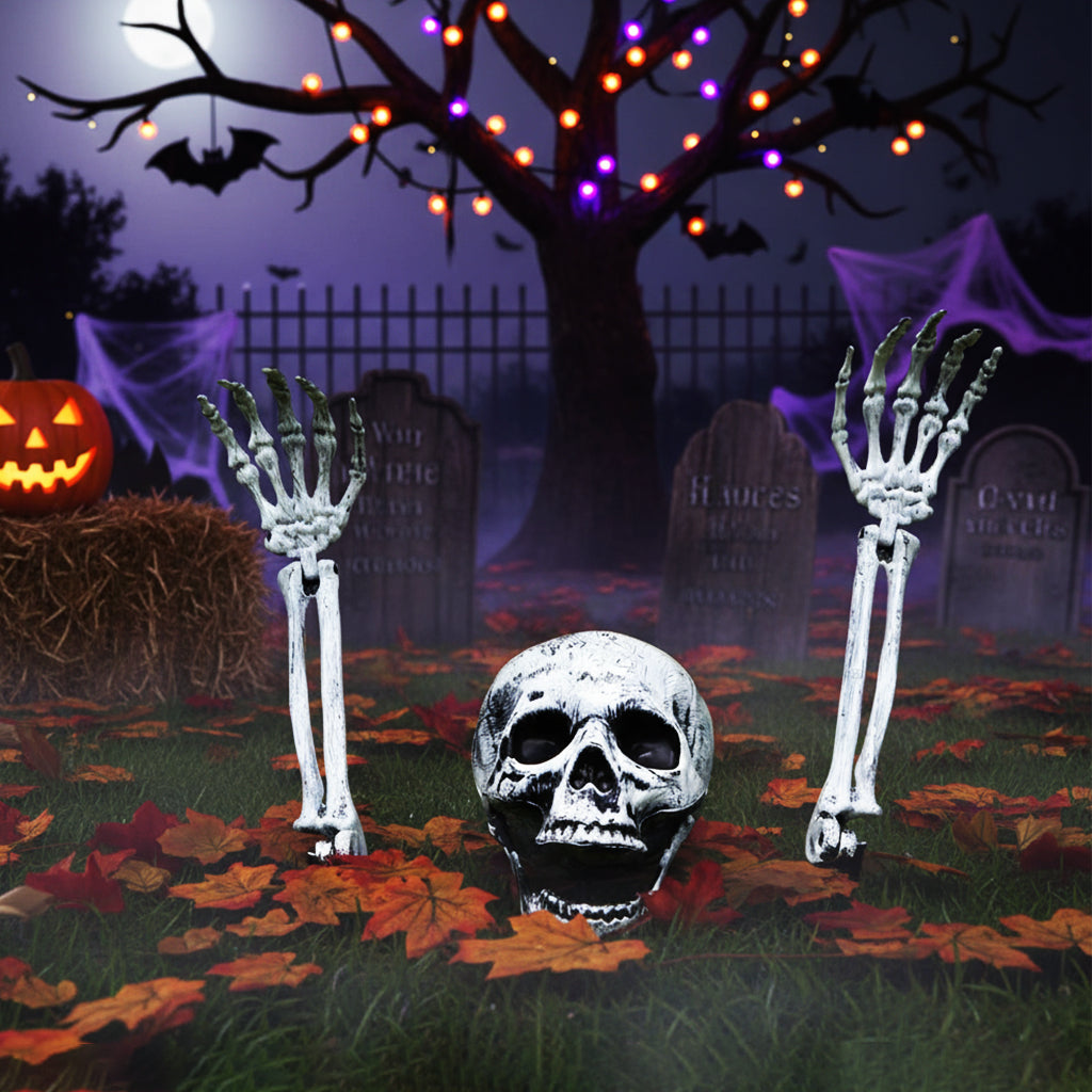HASTHIP® Halloween Half-Buried Skeleton Ornament, 2 Arms & Skeleton Head, Spooky Upper-Body Skeleton Garden Courtyard Decor Lawn Ornament for Halloween