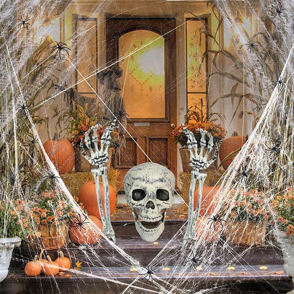 HASTHIP® Halloween Half-Buried Skeleton Ornament, 2 Arms & Skeleton Head, Spooky Upper-Body Skeleton Garden Courtyard Decor Lawn Ornament for Halloween