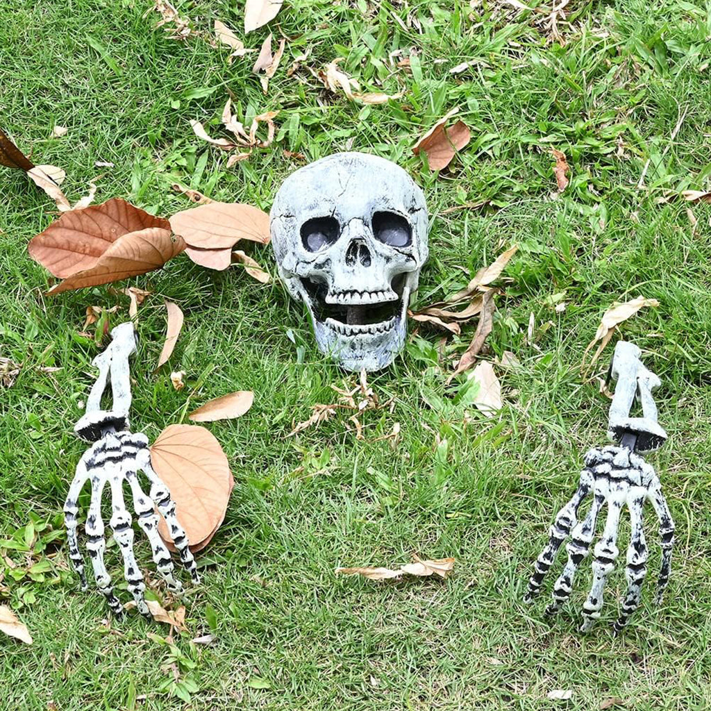 HASTHIP® Halloween Half-Buried Skeleton Ornament, 2 Arms & Skeleton Head, Spooky Upper-Body Skeleton Garden Courtyard Decor Lawn Ornament for Halloween