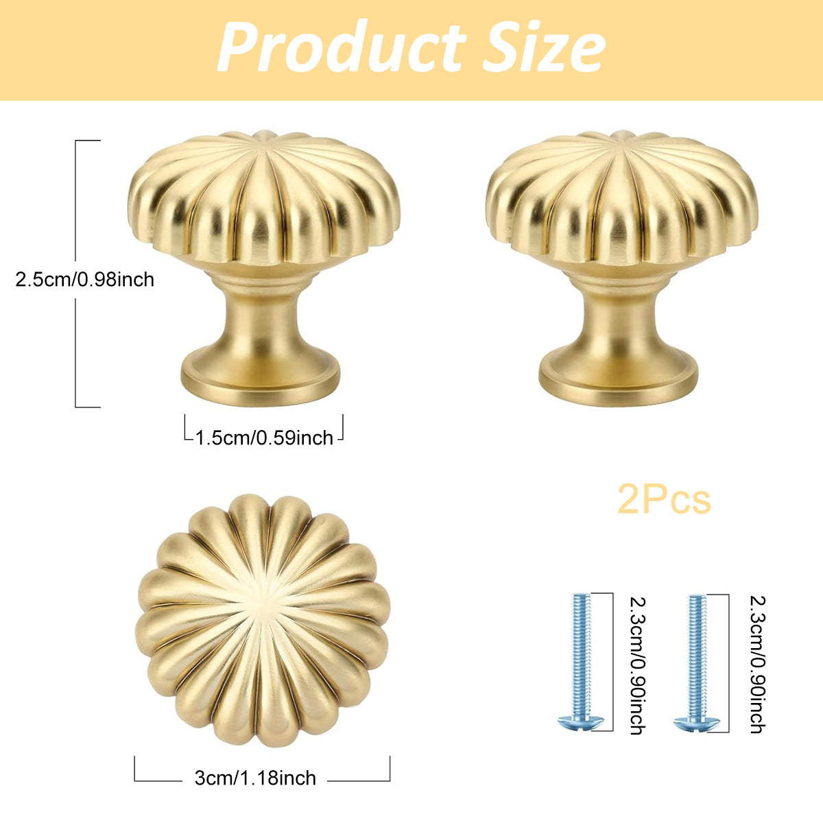 HASTHIP® 2 Pack Cabinet Handles, Brushed Brass Round Drawer Pulls, Soft Gold Knobs for Kitchen Cabinets, Dresser, Wardrobe, Cupboard Furniture Hardware