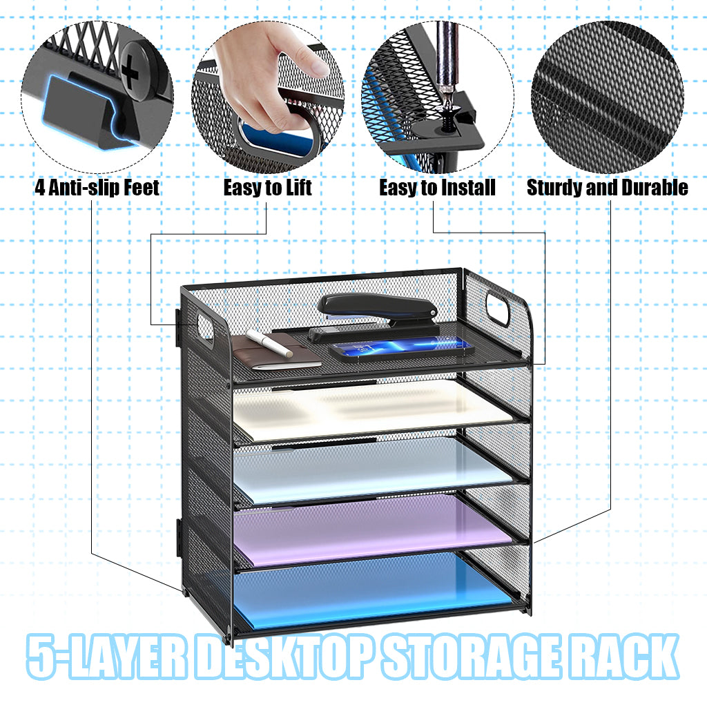HASTHIP File Holder for Office and School Use featuring 5 Layers with Metal Mesh Handle | 32.5x32.5x23 cm Desk Organizer