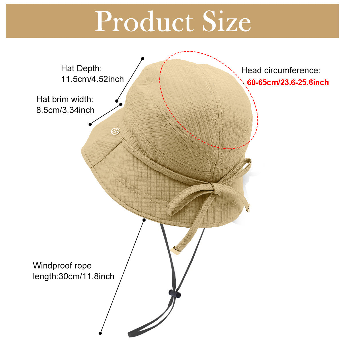 HASTHIP® Sombrero de Cubo para Mujer con Protección Solar, ala Ancha Ajustable con Correa y Lazo Elegante, Sombrero de Playa Plegable y Transpirable para Verano al Aire Libre (Caqui)