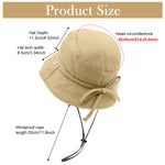HASTHIP® Sombrero de Cubo para Mujer con Protección Solar, ala Ancha Ajustable con Correa y Lazo Elegante, Sombrero de Playa Plegable y Transpirable para Verano al Aire Libre (Caqui)
