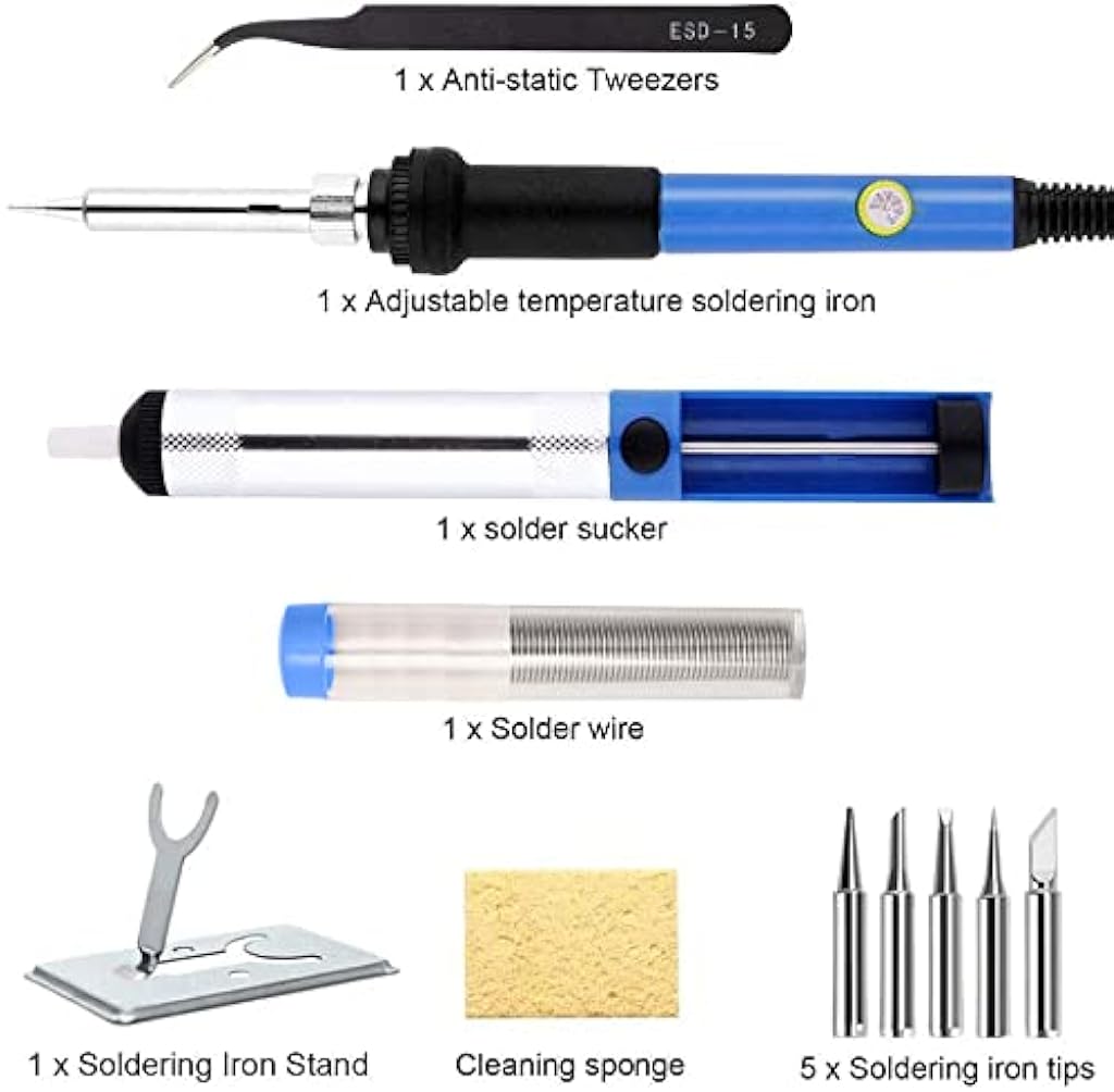 Soldering Iron Kit with Adjustable Temperature Welding Iron, 60W 110V Soldering Machine Solder Soldering Iron with 5pcs Tips, Stand, Tweezers, Sponge, Flux Pen, Solder Wire