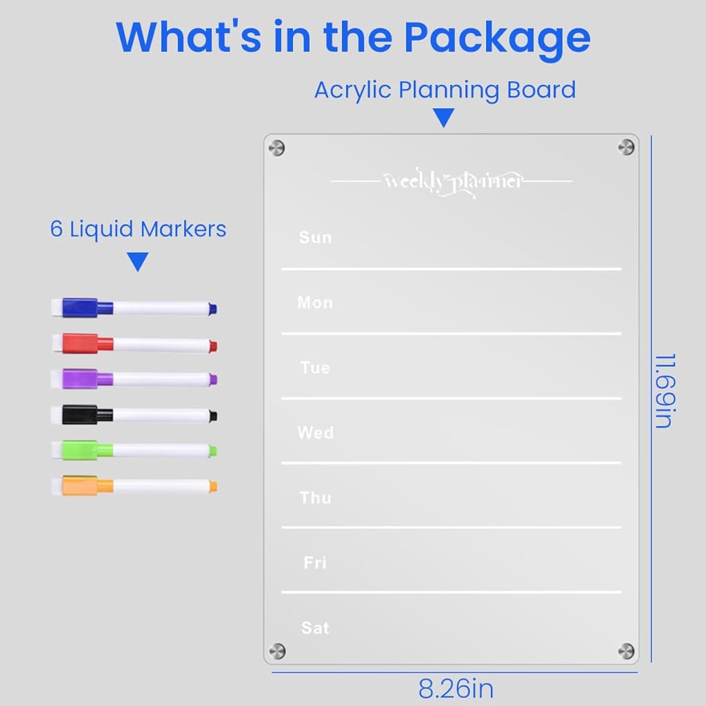 Acrylic Weekly Planner with 6 Color Pens, Magnetic Refrigerator Whiteboard, Meal Planner for Kitchen Fridge, Clear Weekly Calendar Planning Noteboard Dry Erase Board, 11.69x8.27inch