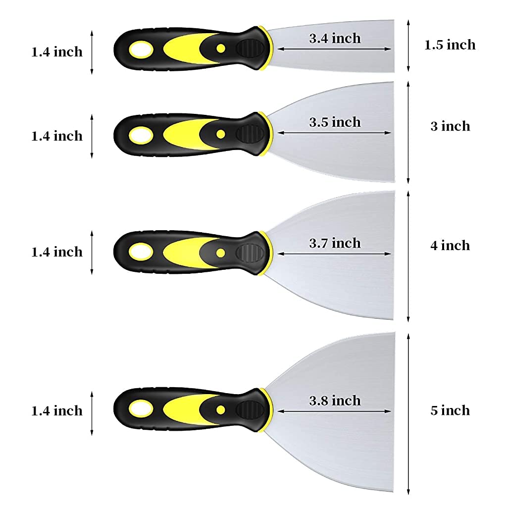 Putty Scrapers, Putty Knives, Putty Knife Set, Spackle Metal Scraper Tool for Drywall Finishing, Plaster Scraping, Decals, and Wallpaper (4 Pack, 5", 4", 3", 1.5" Wide)