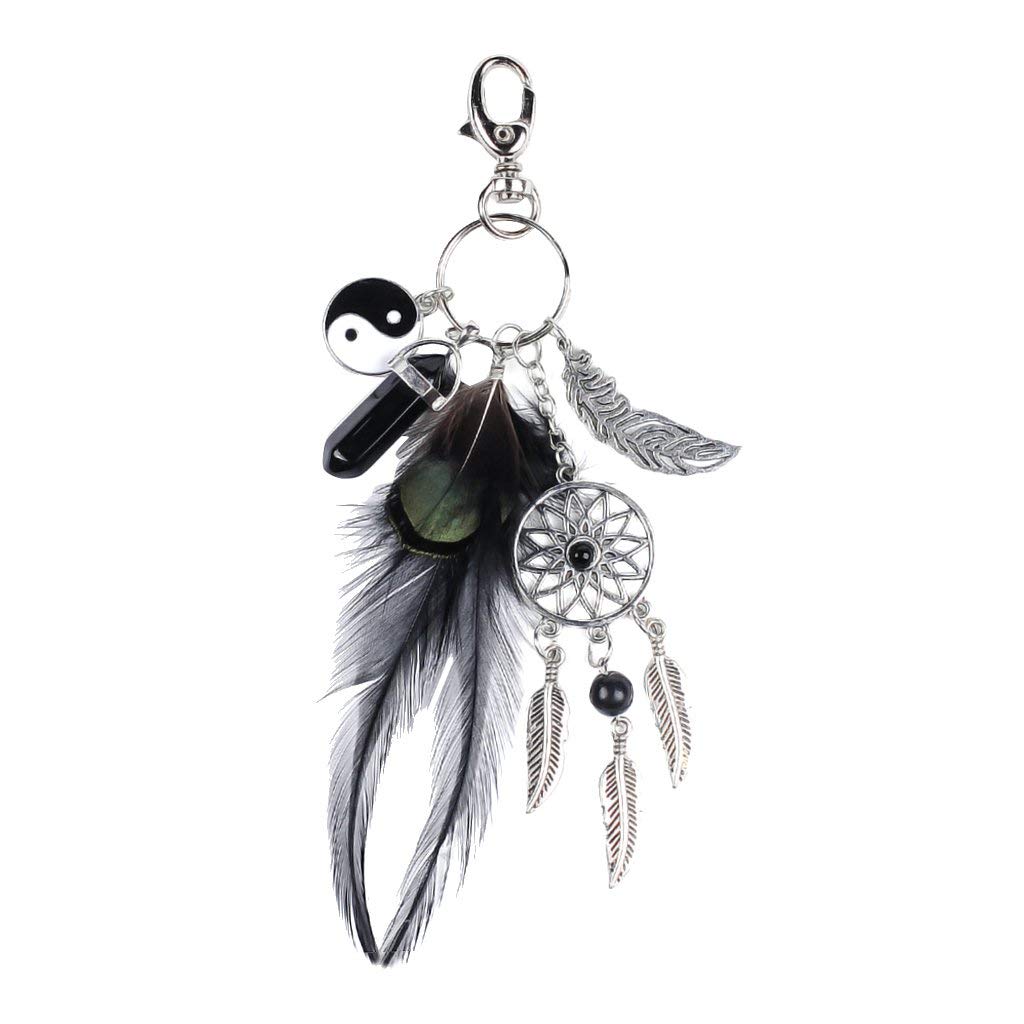 Dreamcatcher with Black Agate & Feather Charm Keyring - Black and Silver