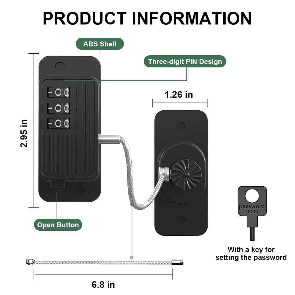 Door Lock for Kids' Safety, Fridge Lock with Password, Nail-Free Password Chain Lock, Multifunctional Cabinet Locks for Refrigerator, Cabinets and Drawers, Closets, Windows, Doors (Black)