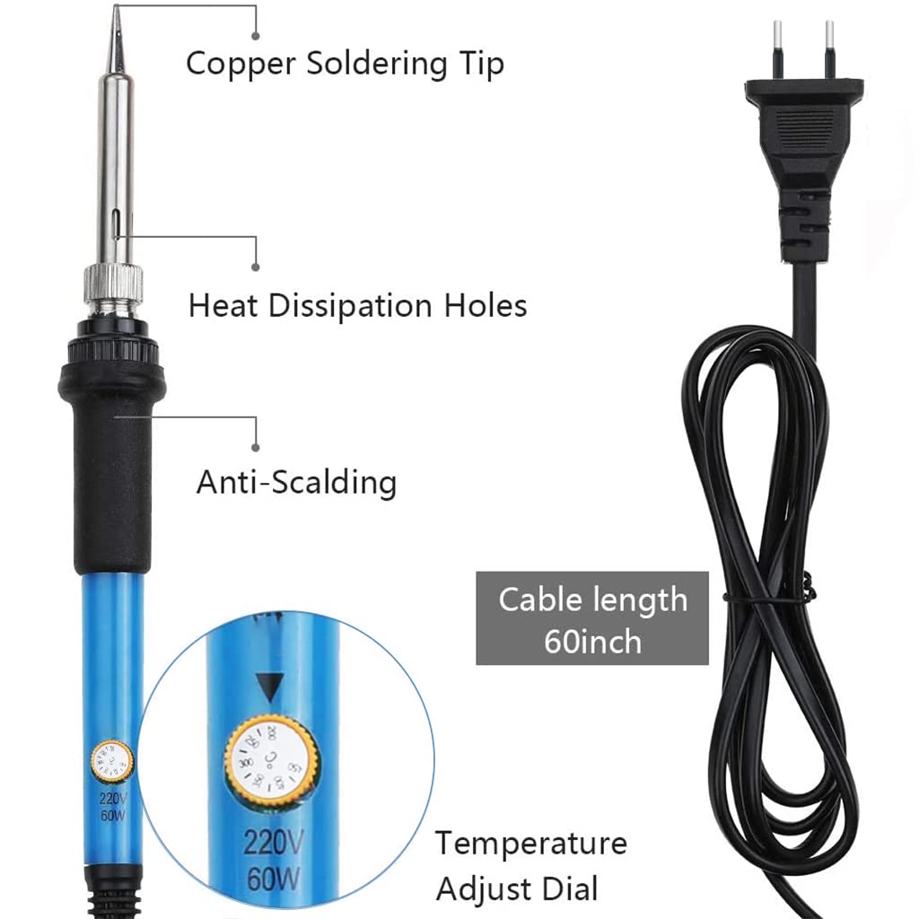 Soldering Iron Kit with Adjustable Temperature Welding Iron, 60W 110V Soldering Machine Solder Soldering Iron with 5pcs Tips, Stand, Tweezers, Sponge, Flux Pen, Solder Wire