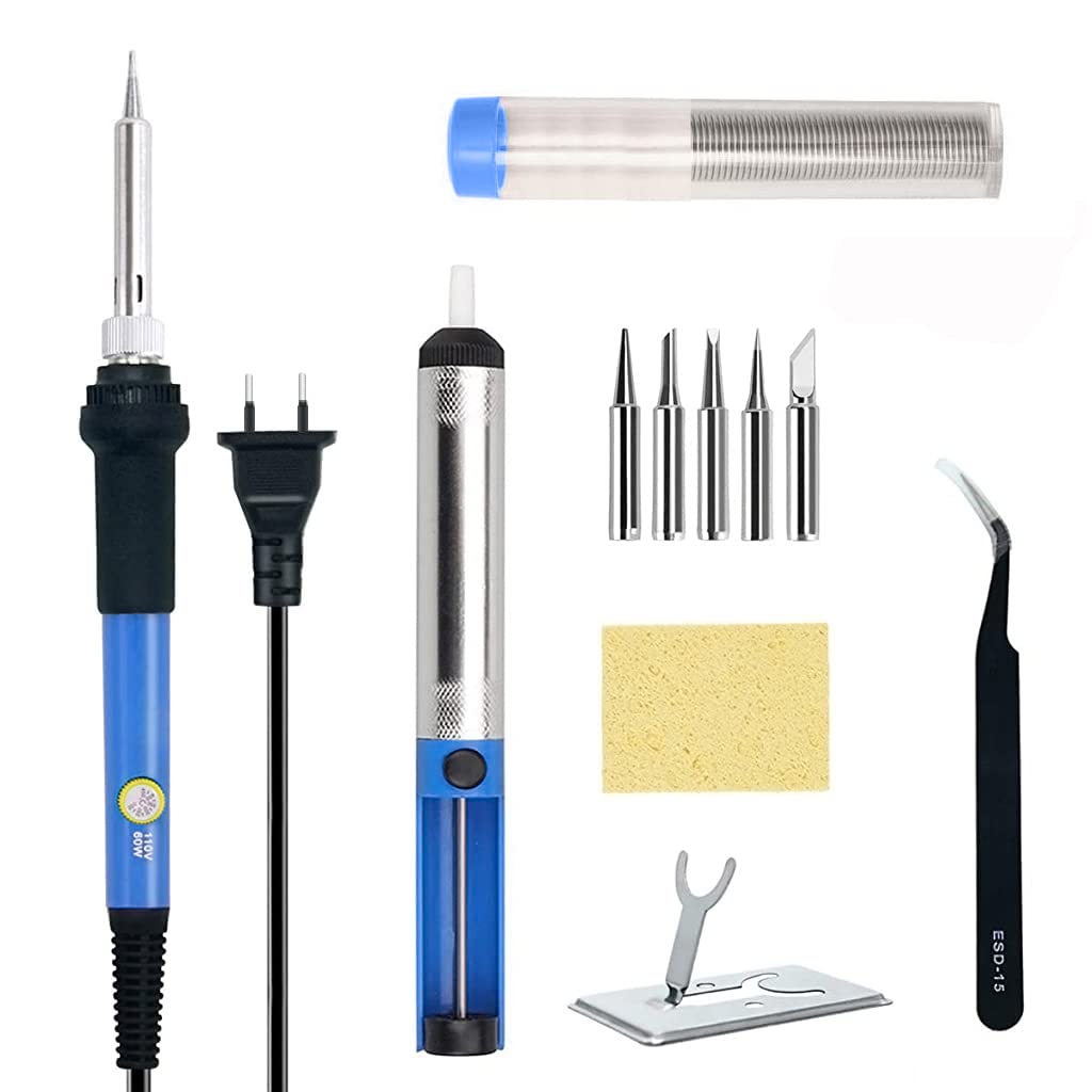 Soldering Iron Kit with Adjustable Temperature Welding Iron, 60W 110V Soldering Machine Solder Soldering Iron with 5pcs Tips, Stand, Tweezers, Sponge, Flux Pen, Solder Wire