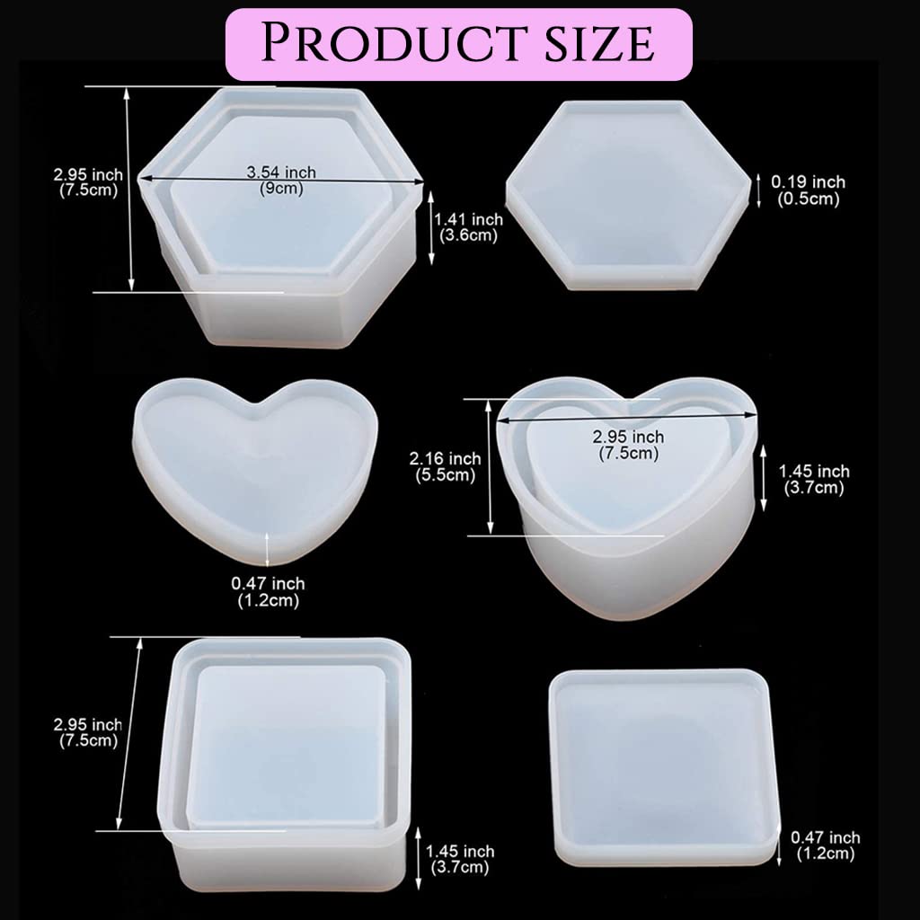 3Pcs Resin Heart Hexagon Square Jewelry Organizer Kit Silicone Resin Molds for DIY Making Home Decor Craft Tools