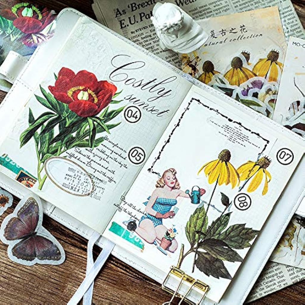 HASTHIP® Vintage Ephemera, Romantic Easy Self-Adhesive Plants Floral Style Decoration Note Paper Stickers - 60 Pieces