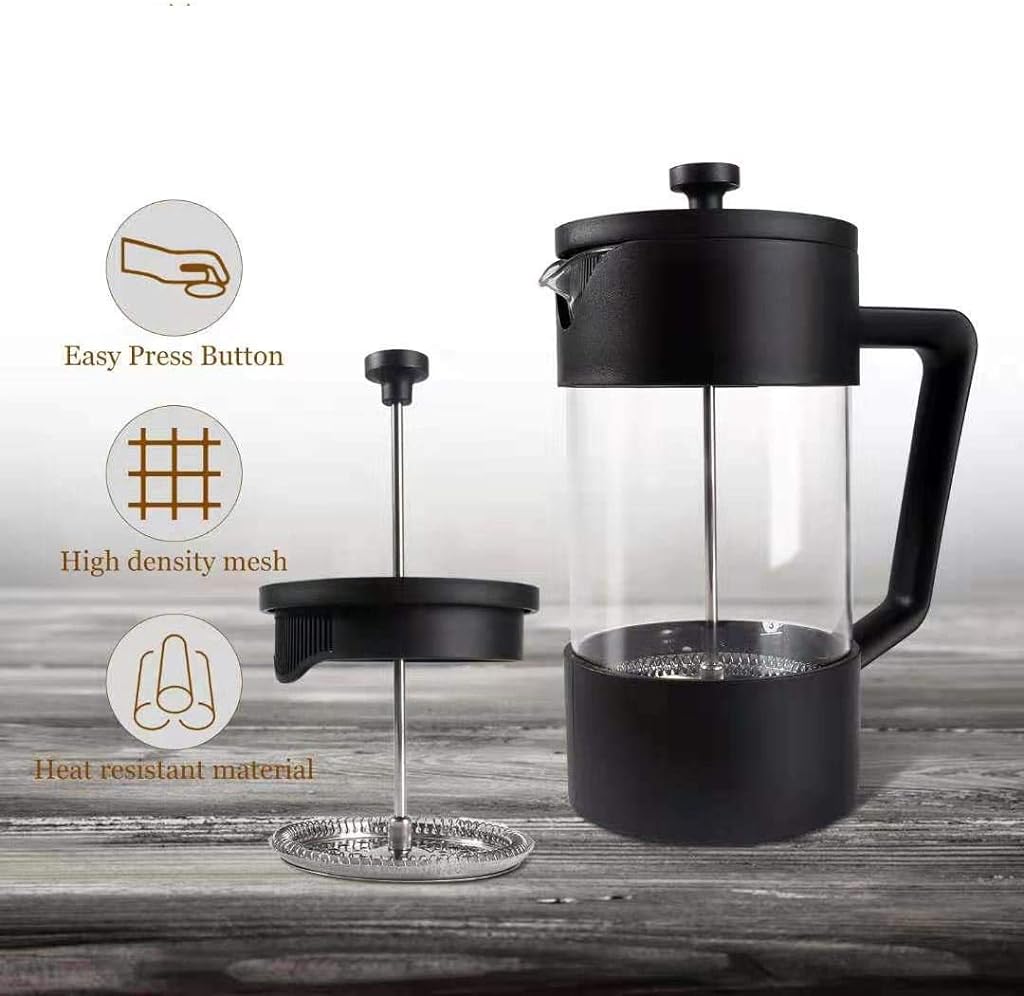 French Press - Coffee Maker & Tea Maker with 3 Part Superior Filtration 600 ML, 304 Stainless Steel Brewing Coffee Machines German Heat-Resistant Borosilicate Glass - Black