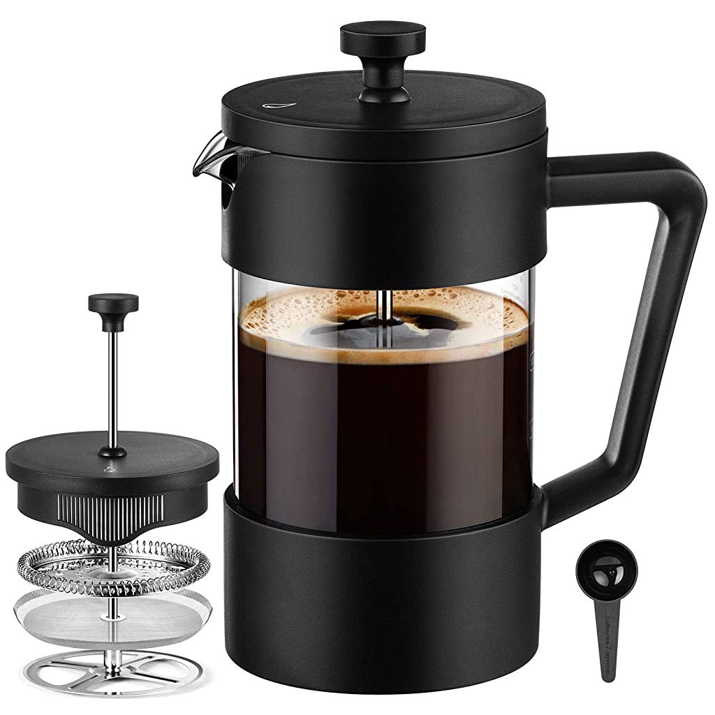 French Press - Coffee Maker & Tea Maker with 3 Part Superior Filtration 600 ML, 304 Stainless Steel Brewing Coffee Machines German Heat-Resistant Borosilicate Glass - Black