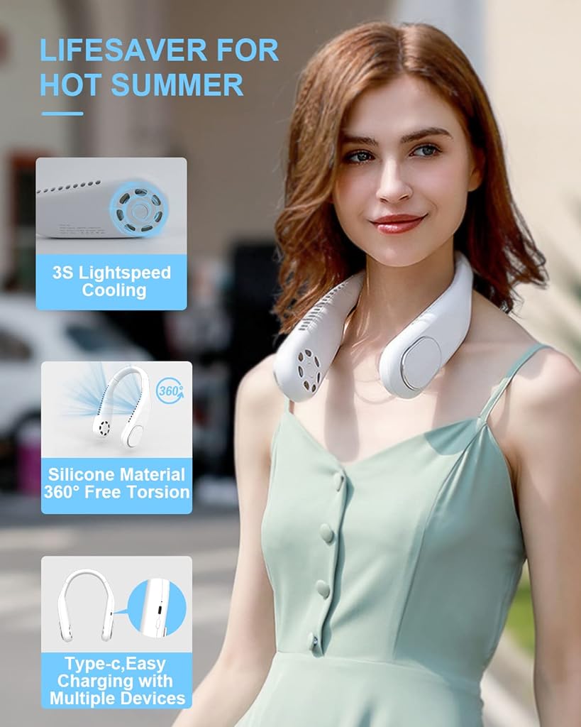 Portable Neck Fan Bladeless, 4000mAh Hands-Free USB Rechargeable Fan with 3 Speeds Change & 360° Twist, Lightweight Silicone Neck Cooling Fan for Travel, Walking, Commuting, Indoor Use, White