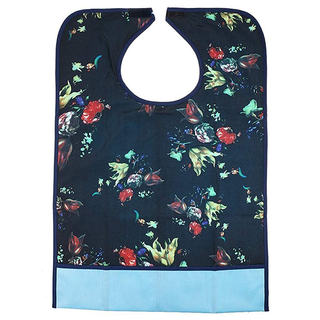 Adult Bibs Clothing Protectors Waterproof Pocket Bib Apron Washable with Crumb Catcher(Floral)