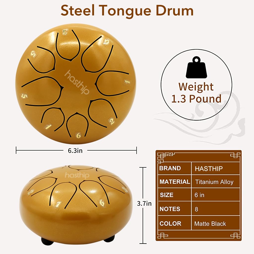 6-inch Steel Tongue Drum 8 Note, Percussion Instrument Handpan Drum with Bag, Music Book and Mallets for Kids and Adults Meditation Musical Education Concert Mind Healing Yoga (Gold)