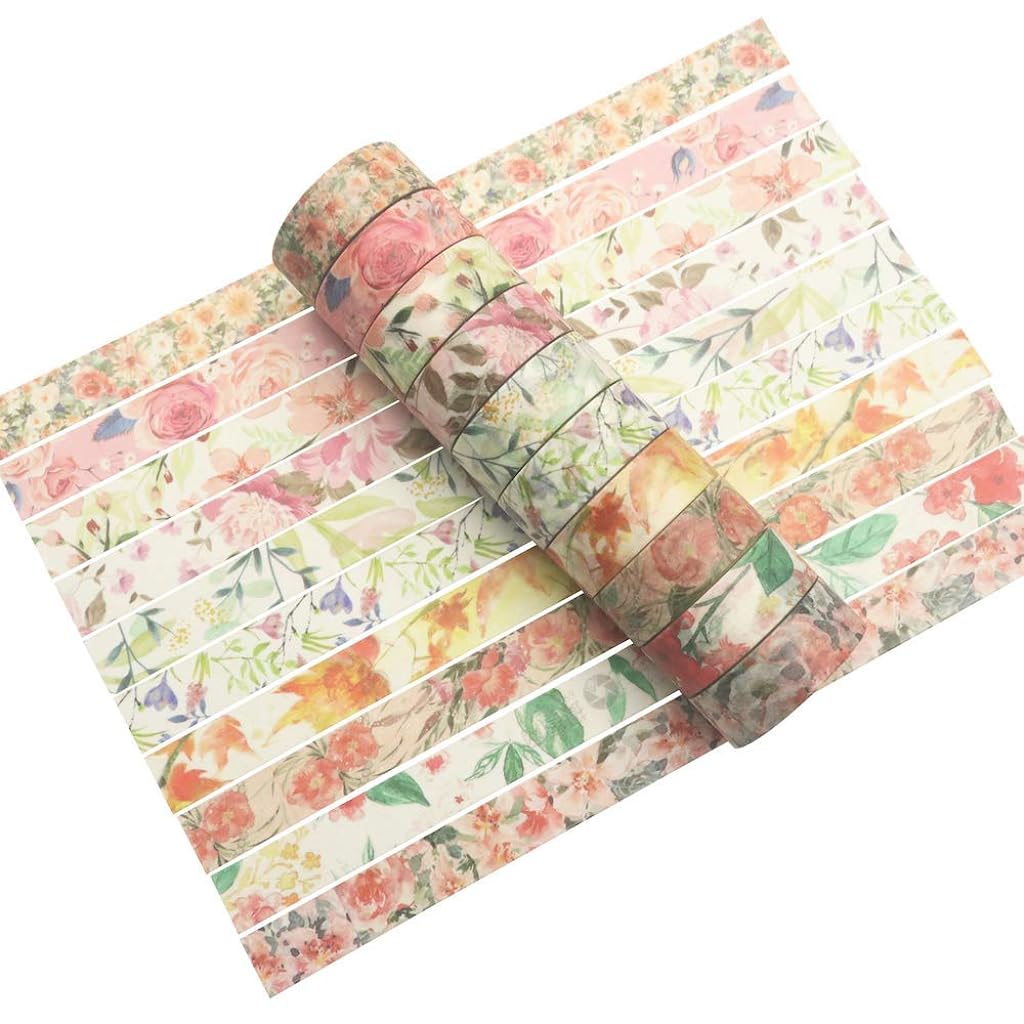 10 Roll Washi Tapes Set Spring Flower Colour Tapes Decorative Tape Craft Supplies for DIY Craft,, Journal Supplies, Gift Wrapping, Scrapbooking