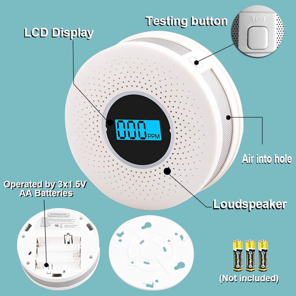 Smoke Detector 2 in1 Carbon Monoxide & Smoke Detector with Alarm, Fire Alarm Battery Operated with 80db Sound and Light Warning Alarm for Home Bedroom Office