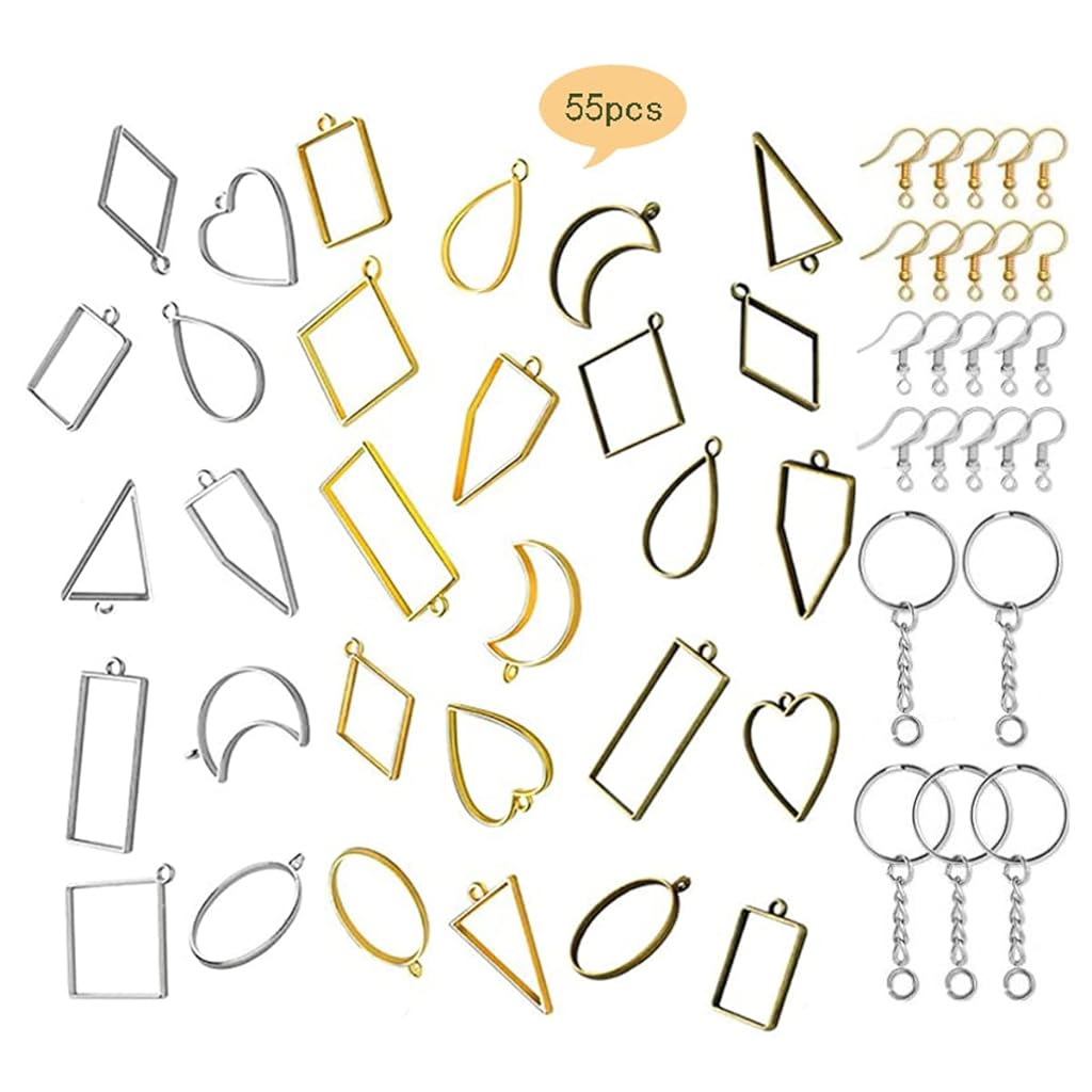 55Pcs Resin Pendant Mould, Mini Frame Pendants, Charm Pendant Metal Resin Moulds Kit For Key Chain Earring Necklaces Bracelet Diy Crafts, Multi-coloured