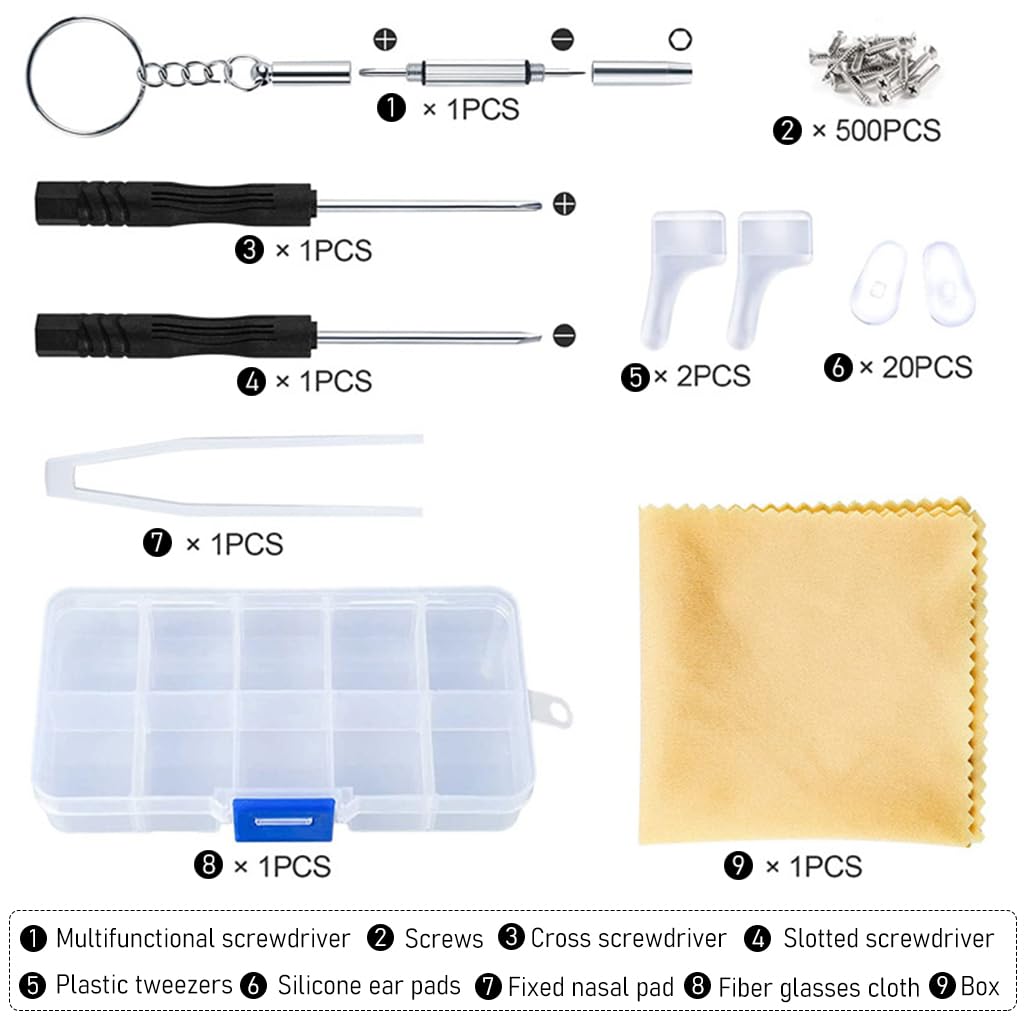 528pcs Spectacles Glasses Repair Tool Kit Eyeglass Repair Kit with 500 Pcs Spectacles Repair Screws, 20pcs Silicone Nose Pads, Mini Screwdriver, Screws Nuts, Tweezer, Glasses Cloth