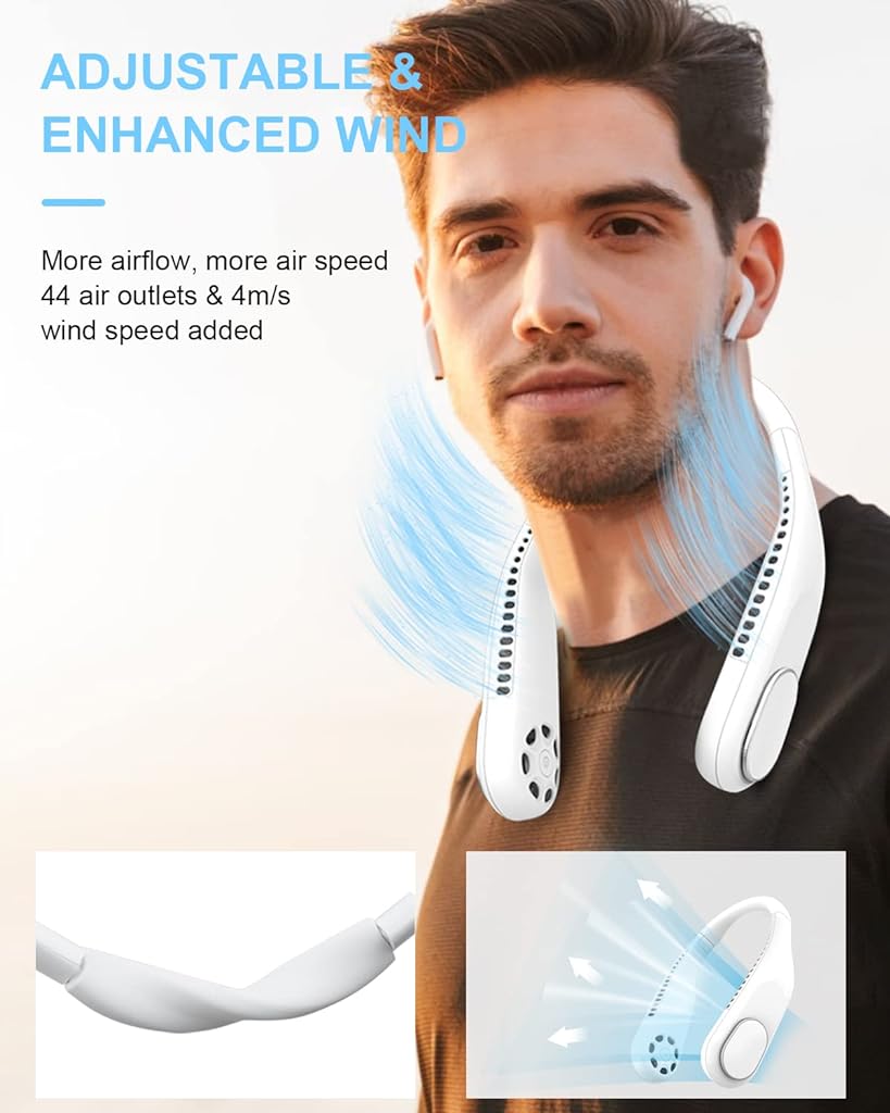 Portable Neck Fan Bladeless, 4000mAh Hands-Free USB Rechargeable Fan with 3 Speeds Change & 360° Twist, Lightweight Silicone Neck Cooling Fan for Travel, Walking, Commuting, Indoor Use, White
