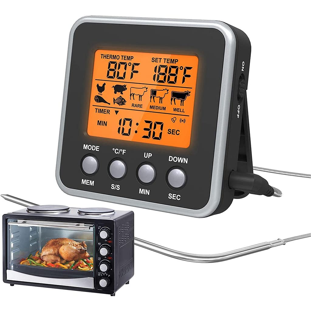 Food Thermometer Meat Thermometer with 39'' Temperature Probe, LCD Backlight Food Grill Thermometer with 7 Preset Temperatures & Timer for Baking, Grilling, Cooking (Without Battery)