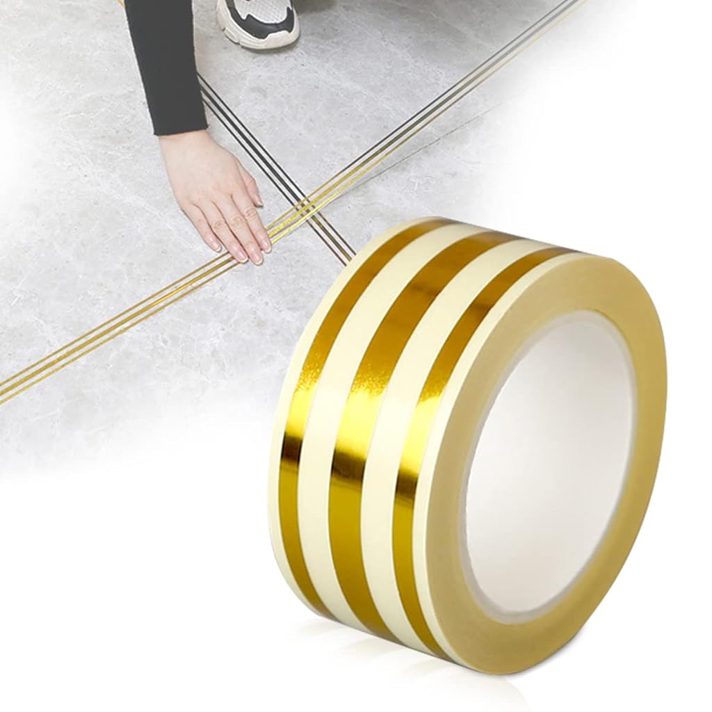 5M Golden Tile Gap Tape, Home Tile Sticker Waterproof Tape PVC Self Adhesive Tape Ceramic Tile Gap Tape for Detailing Wall, Floor Tile Gap, Cabinetry (2.5CM*5M)