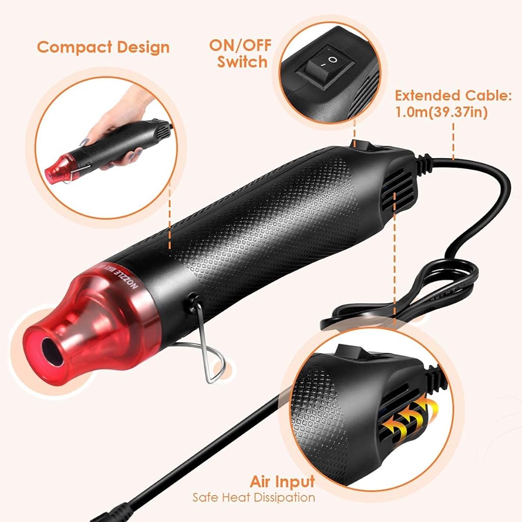 Handheld Mini Heat Gun, 300W Hot Air Gun Multi-Function Electrical Heat Tool for for DIY Embossing, Shrink Wrapping, Drying Paint (EU Plug)