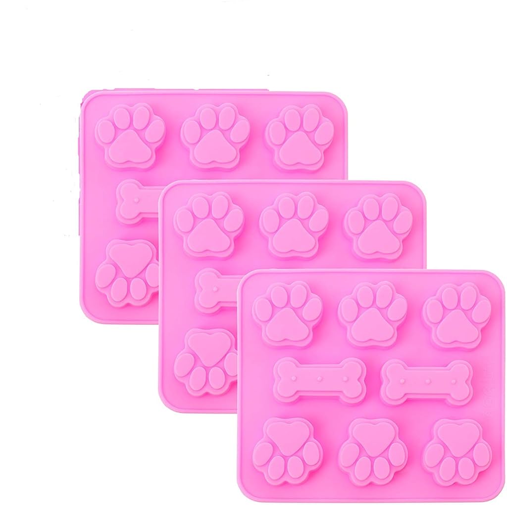 3 Pieces Silicone Molds Puppy Dog Paw & Bone Shaped 2 in 1, 8-Cavity, Reusable Ice Candy Trays Chocolate Cookies Baking Pans