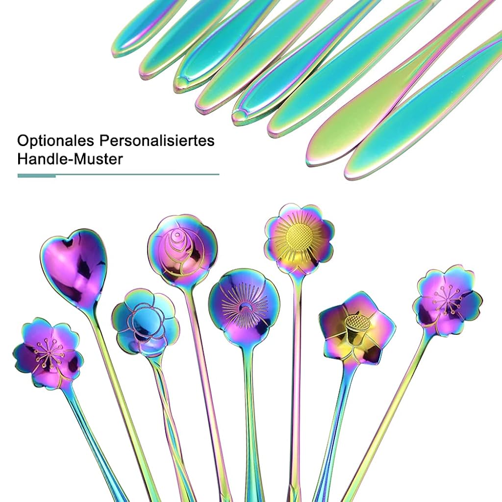 8Pcs Colorful Stainless Steel Coffee Spoon Set, Reusable Teaspoons Coffee Sugar Stirring Spoon, Dessert Cake Spoons Tea Scoops (Rainbow Flower)