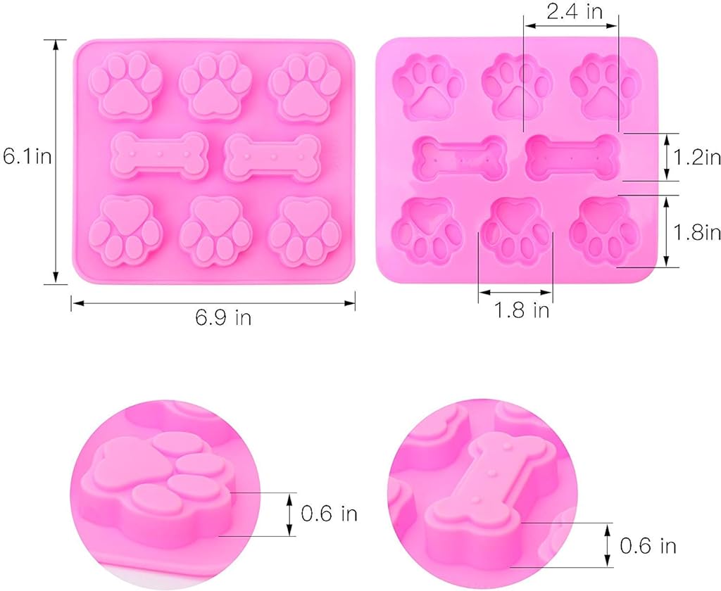 3 Pieces Silicone Molds Puppy Dog Paw & Bone Shaped 2 in 1, 8-Cavity, Reusable Ice Candy Trays Chocolate Cookies Baking Pans