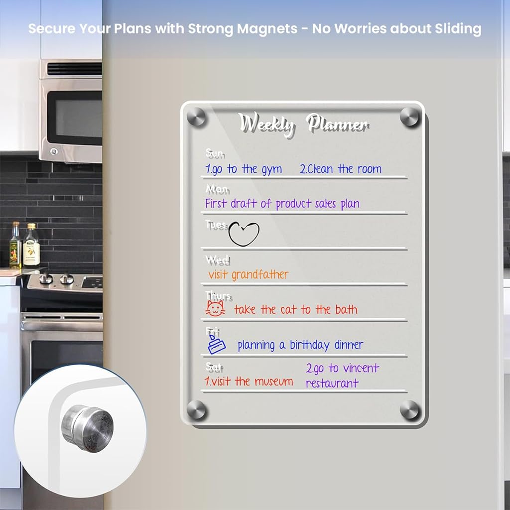 Acrylic Weekly Planner with 6 Color Pens, Magnetic Refrigerator Whiteboard, Meal Planner for Kitchen Fridge, Clear Weekly Calendar Planning Noteboard Dry Erase Board, 11.69x8.27inch