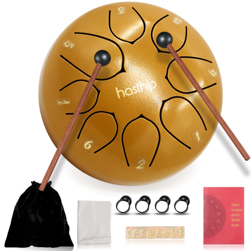 6-inch Steel Tongue Drum 8 Note, Percussion Instrument Handpan Drum with Bag, Music Book and Mallets for Kids and Adults Meditation Musical Education Concert Mind Healing Yoga (Gold)