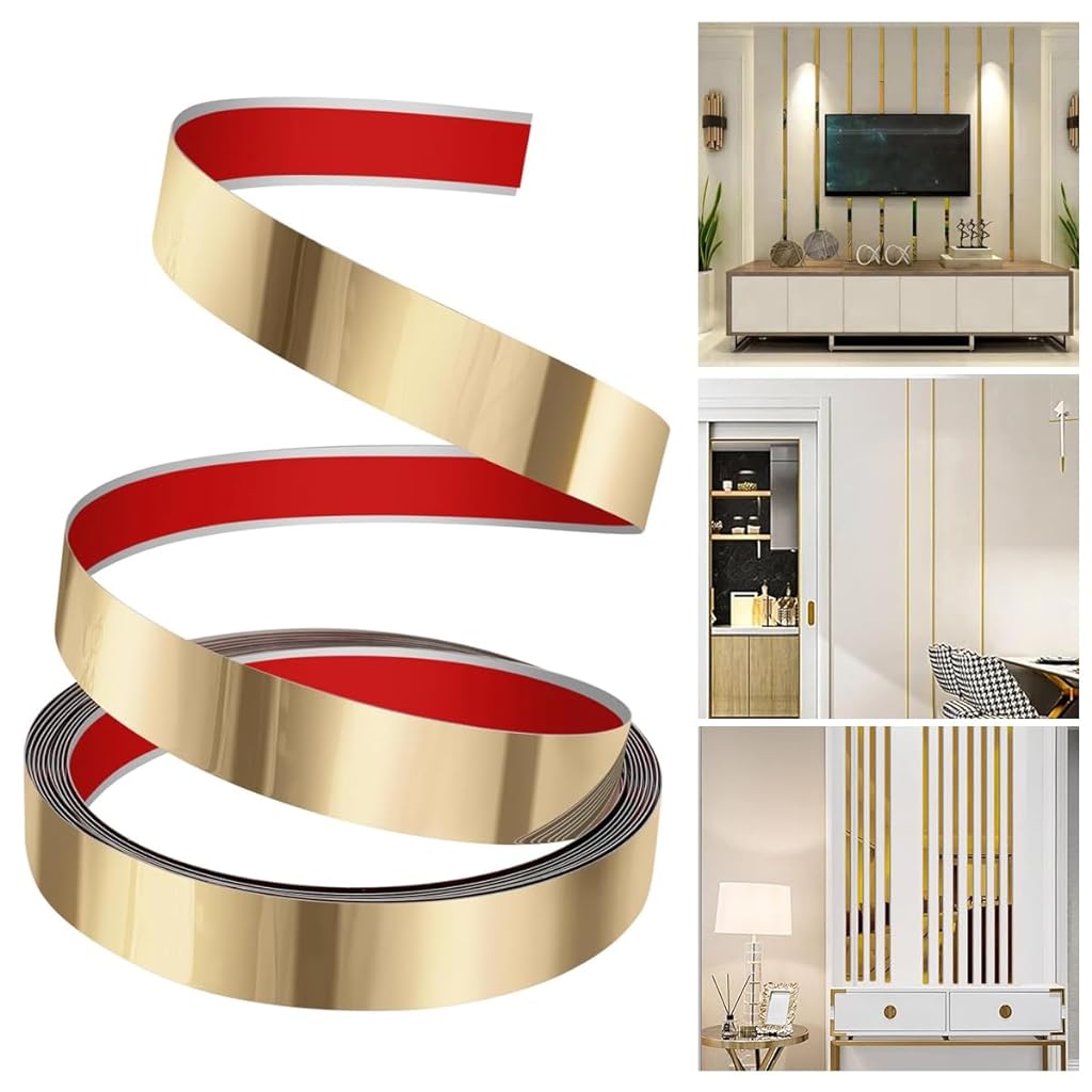 16.4ft Golden Metal Trim Wall Strip, 201 Stainless Steel Self Adhesive Peel and Stick Wall Trim Metalized Mirror-Like Finish for Wall Ceiling Floor Cabinet Tile Edge Moulding