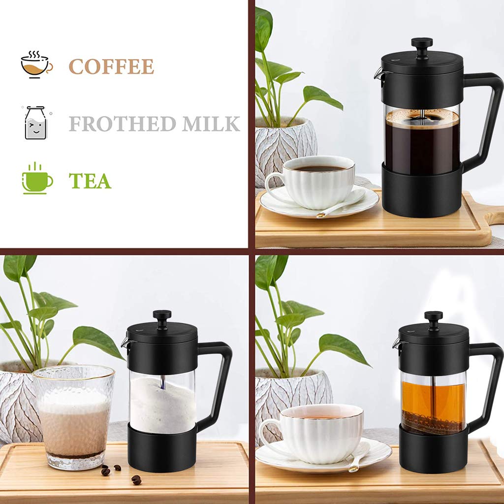 French Press - Coffee Maker & Tea Maker with 3 Part Superior Filtration 600 ML, 304 Stainless Steel Brewing Coffee Machines German Heat-Resistant Borosilicate Glass - Black