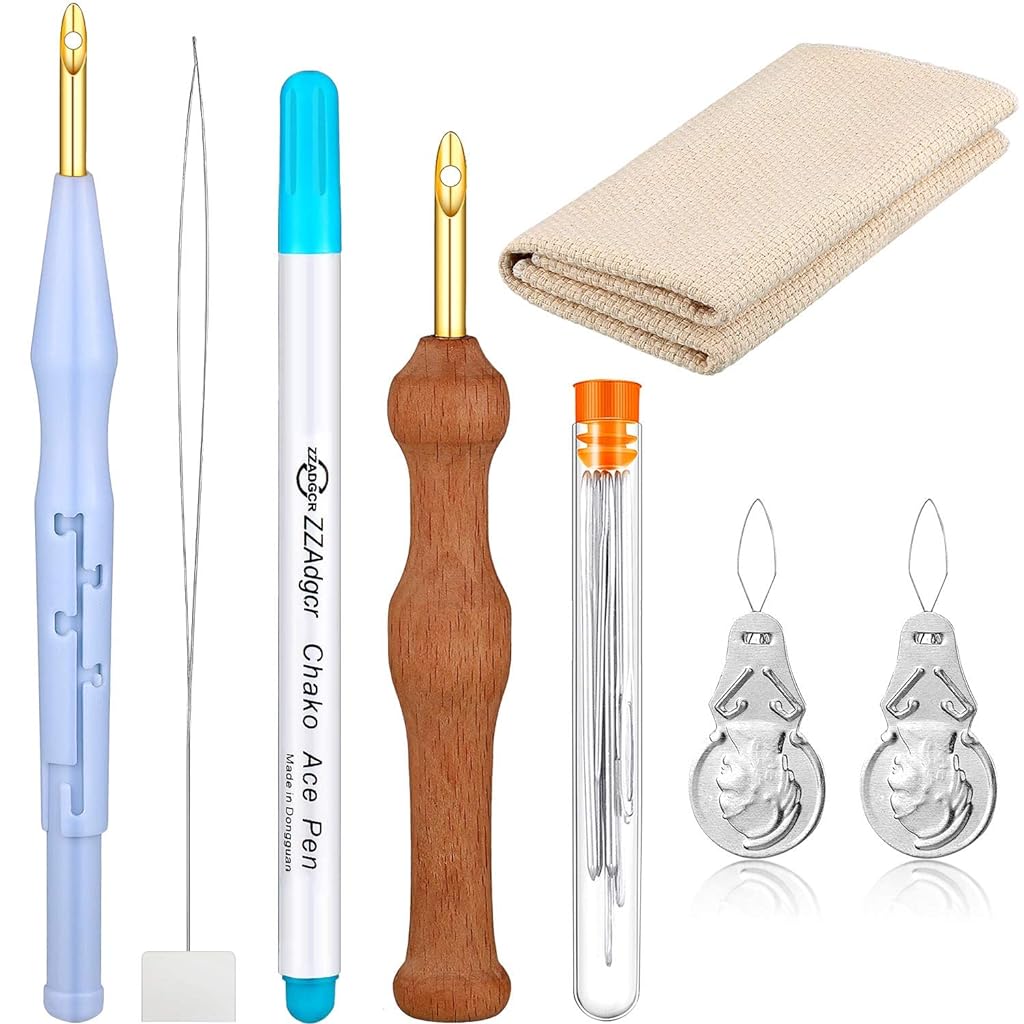 17 Pieces Fullset Punch Needle Embroidery Starter Kits Rug Punch Needle Tool Threader Fabric Embroidery Hoop Yarn Punch Needle for Beginner