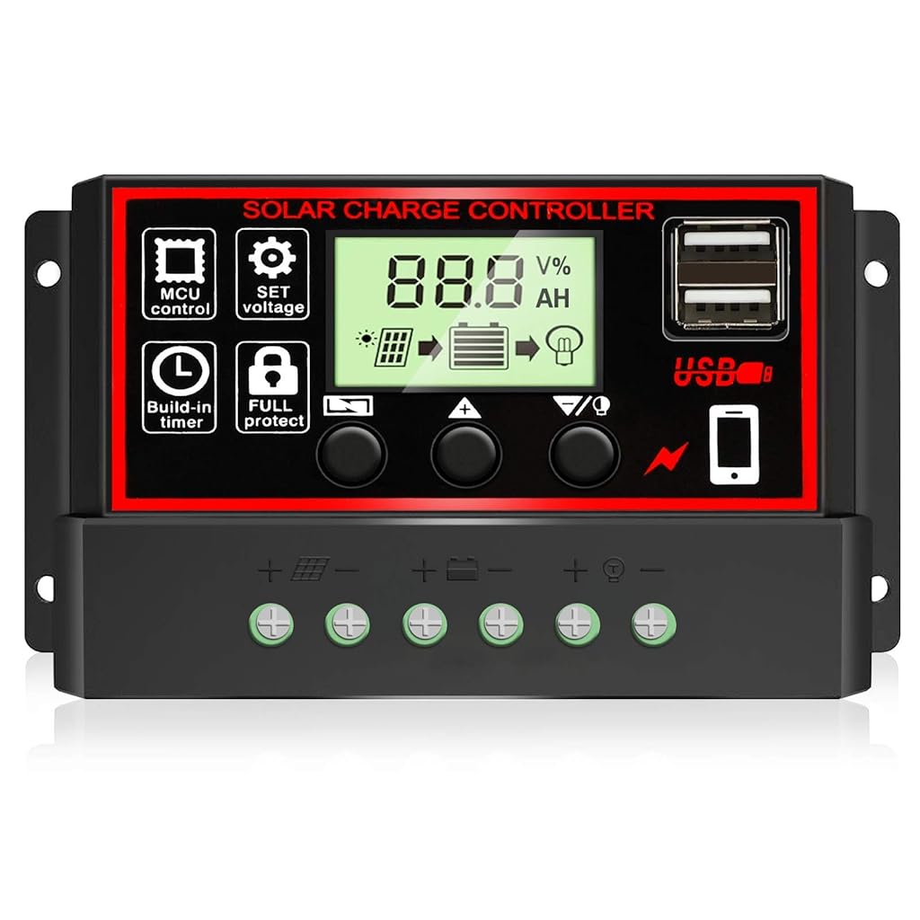 20A Solar Charge Controller Energy Controllers Intelligent Battery Regulator for Solar Panel Automatic Paremeter Adjustable LCD Display with USB Port 12V/24V Solar Charger Battery