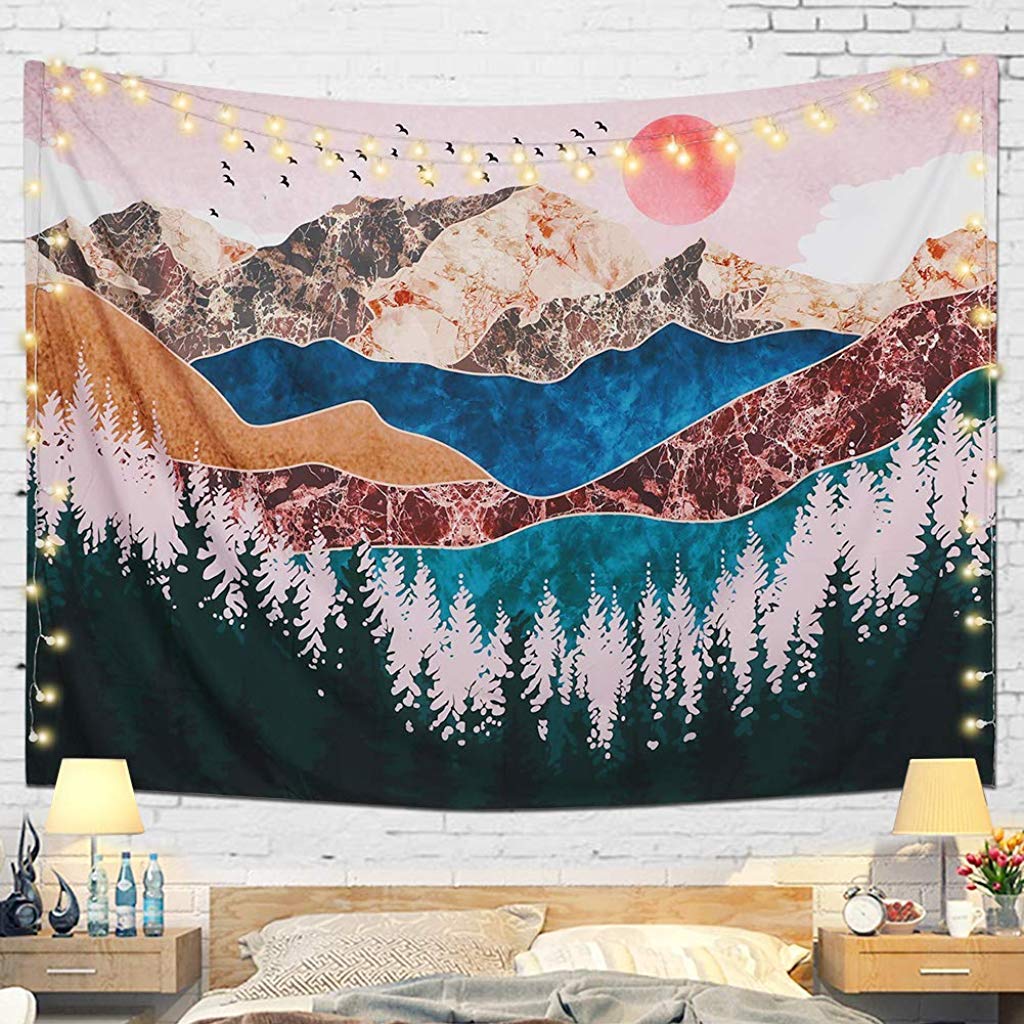 Sunset Forest Tree Mountain Tapestries Wall Hanging Psychedelic Nature Landscape Tapestry (130X150cm) multicolor