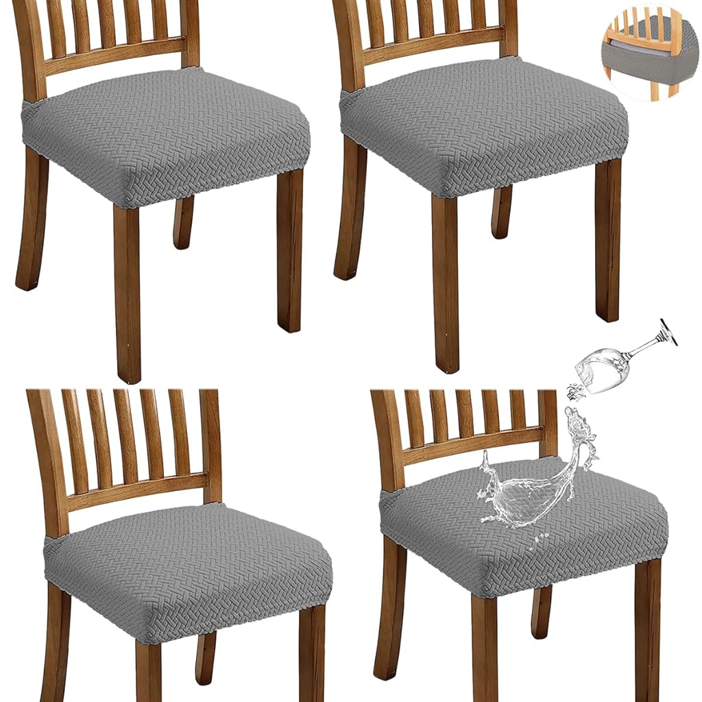 4Pcs Dining Chair Cushioned Seat Chair Cover Elegant Jacquard Grey Cover Stretchy Dacron Seat Cover for Cushioned Seat Chair, Cushioned Dinning Chair