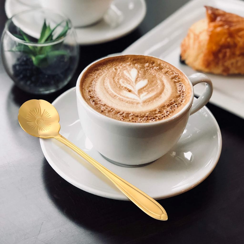 8 Pieces Flower Spoon Coffee Teaspoon Set, 410 Stainless Steel Tableware, Reusable Sugar Spoon Tea Spoon Stir Bar Spoon Stirring Spoon, 8 Different Patterns (Golden)